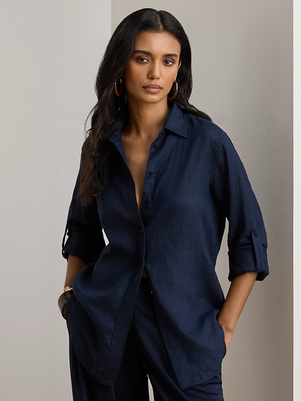 Lauren Navy relaxed fit Button-Up Linen Shirt size M - current style